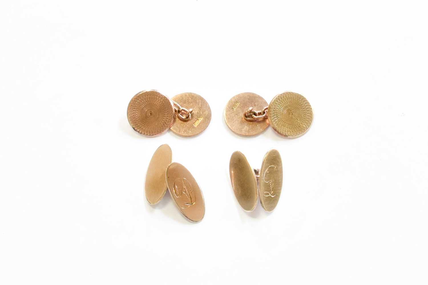 Lot 176 - Two Pairs of 9 Carat Gold Cufflinks, an oval...