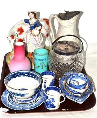 Lot 31 - A 18th century blue and white teabowl, milkmaid and cow group (a.f.), pickle dishes, cut glass...