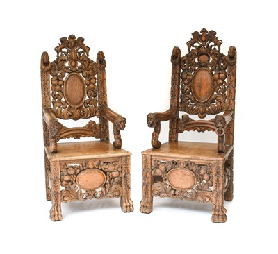Lot 296 - A Matched Pair of Carved Oak Hall Chairs,...