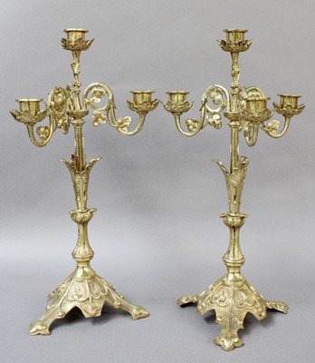 Lot 394 - A Pair of Gilt Brass Four Light Candelabra, on...