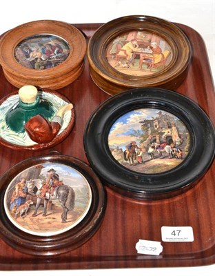 Lot 47 - Four Victorian pot lids and a pottery pipe rest