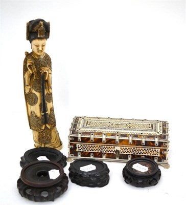Lot 49 - An Indian vizagapatam tortoiseshell and bone mounted box, synthetic Chinese style figure and...