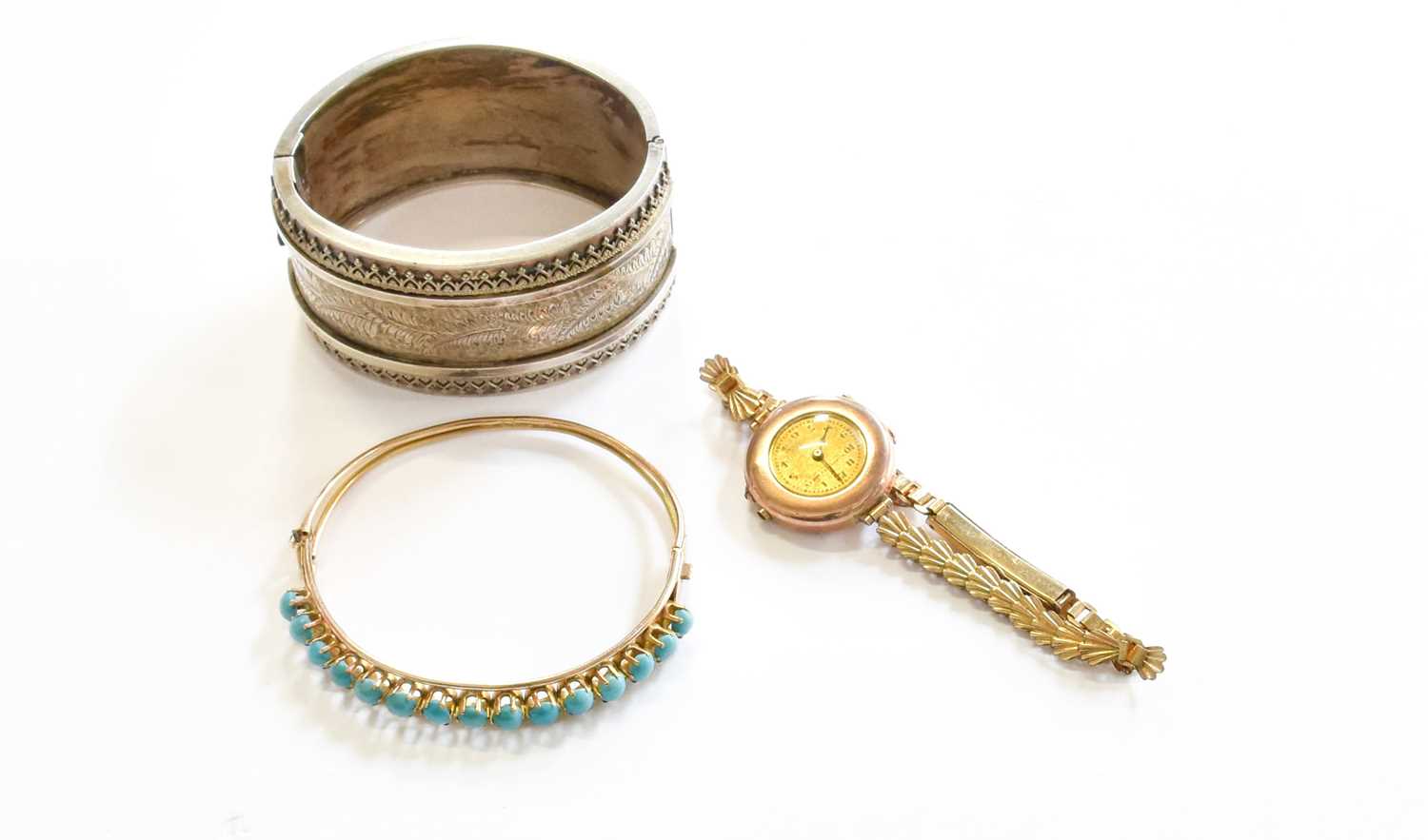 Lot 169 - A Turquoise Hinged Bangle, stamped '14K',...