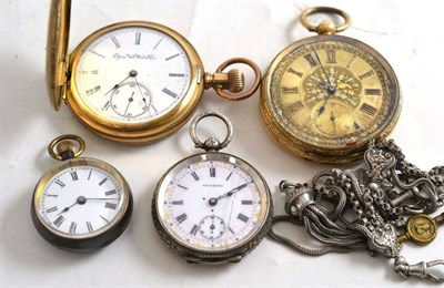 Lot 61 - An open faced pocket watch, case stamped '14C', gun metal fob watch, another fob watch stamped...