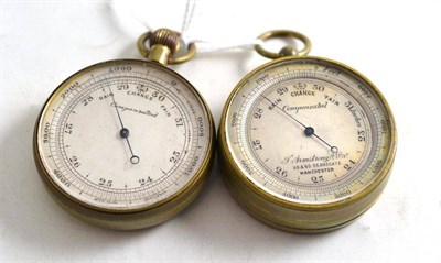 Lot 74 - Two aneroid pocket barometers, one signed Armstrong & Bro and a keyless adjustment barometer (2)