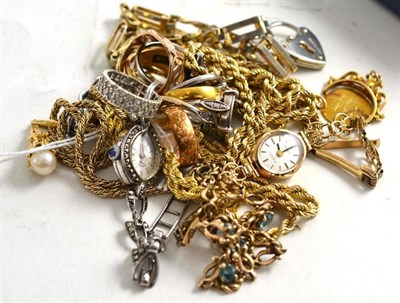 Lot 75 - Nine rings, three rope chains, two watches, two bracelets, a marcasite ring and pendant