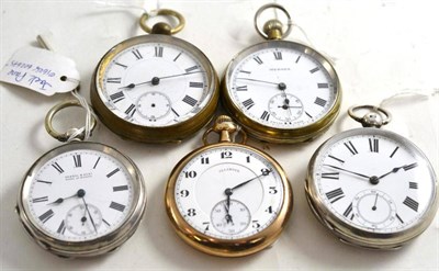 Lot 80 - Two silver cased pocket watches and three others