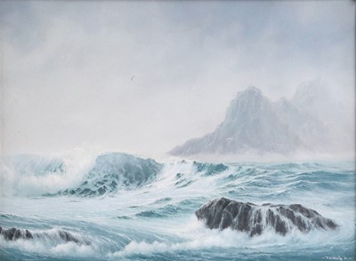 Lot 1143 - Jerry S Waide (b.1948) Stormy sea before rocky...