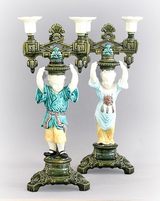 Lot 50 - A Pair of Majolica Figural Twin-Light...