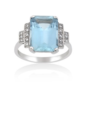Lot 2093 - An Aquamarine and Diamond Ring the emerald-cut...