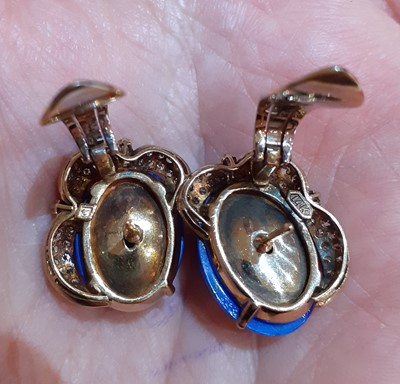 Lot 2092 - A Pair of Lapis Lazuli and Diamond Earrings...