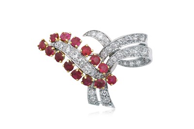 Lot 2251 - A Ruby and Diamond Brooch modelled as a ribbon...