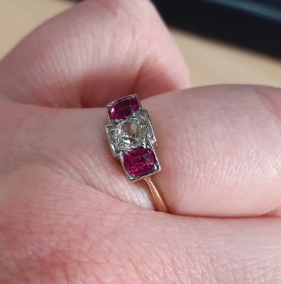 Lot 2162 - A Ruby and Diamond Three Stone Ring the old...
