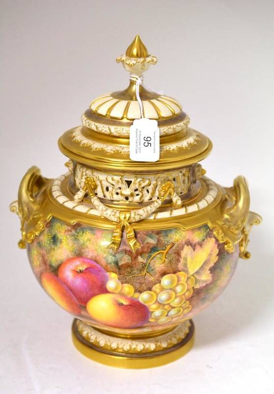 Lot 95 - A Royal Worcester Porcelain Twin-Handled Pot Pourri Vase and Cover, painted by Harry Ayrton,...