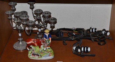 Lot 209 - A Victorian toilet mirror, pair of plated candelabra, Staffordshire group and two light fittings