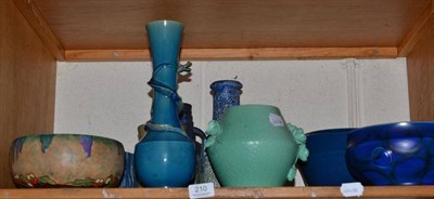 Lot 210 - Shelf of Art pottery including two Royal Lancastrian blue glazed large bowls, assorted Bretby...