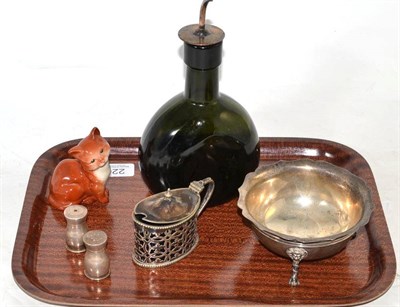 Lot 226 - Silver dish on tripod feet, green glass bottle with pourer, plated mustard with blue glass...