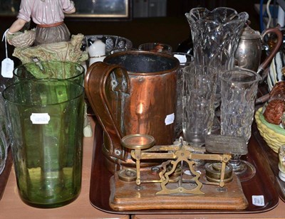 Lot 227 - Set of brass mounted postal scales and weights, copper measure impressed 'Red Lion', five...