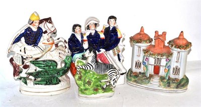 Lot 234 - Staffordshire figure 'Death of Nelson', figure of a zebra, figure of 'George and the Dragon'...