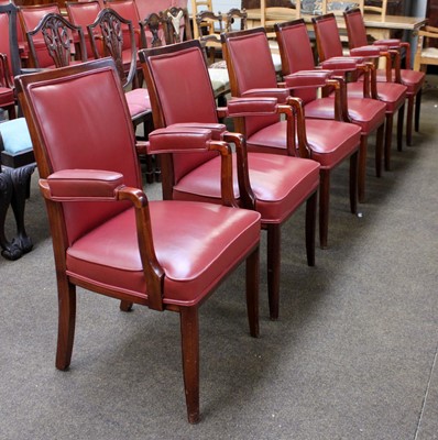 Lot 1153 - A Set of Six Teak and Leather Boardroom Armchairs