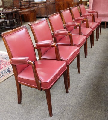 Lot 1150 - A Set of Six Teak and Leather Boardroom Armchairs