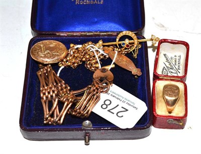 Lot 278 - A 9ct gold engraved locket on chain stamped ";9c";, a 9ct gold signet ring, a gate bracelet, a...