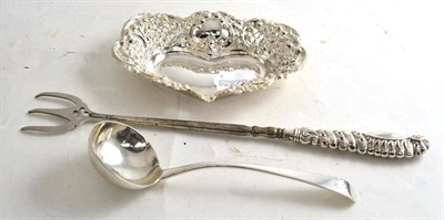 Lot 287 - Silver heart shaped dish, Georgian silver spoon and silver handled fork