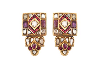 Lot 2108 - A Pair of Indian Ruby and Diamond Clips the...