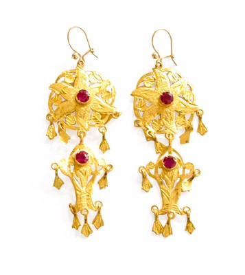 Lot 93 - A Pair of Synthetic Ruby Drop Earrings, with...