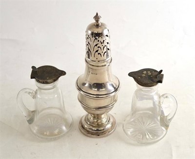 Lot 307 - Silver sugar caster and two silver mounted glass tots