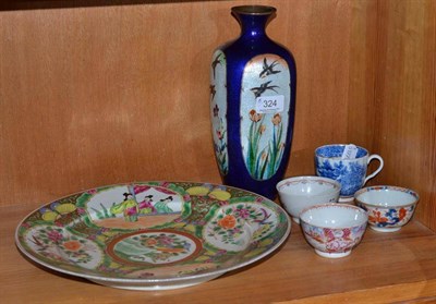 Lot 324 - Three teabowls, a coffee cup, Samson plate and a Japanese cloisonne enamel vase