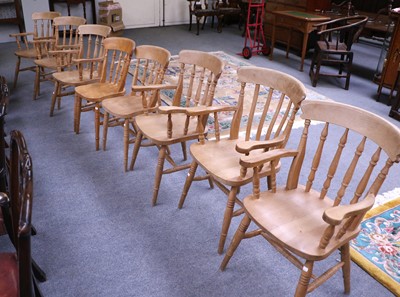 Lot 1248 - A Set of Six Modern Country Pine Elbow Chairs...