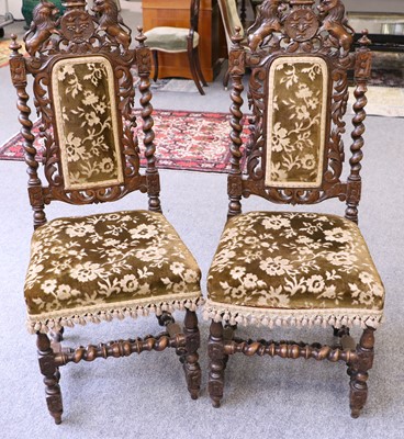 Lot 1132 - A Pair of Carved Oak Side Chairs, the top...