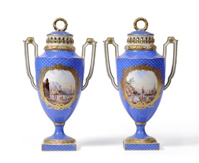 Lot 111 - A Pair of Meissen Style Urn Shaped Vases and Covers, 19th century, painted with harbour scenes...