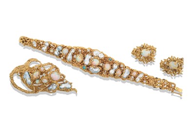 Lot 2256 - An Opal, Cultured Pearl and Diamond Bracelet...