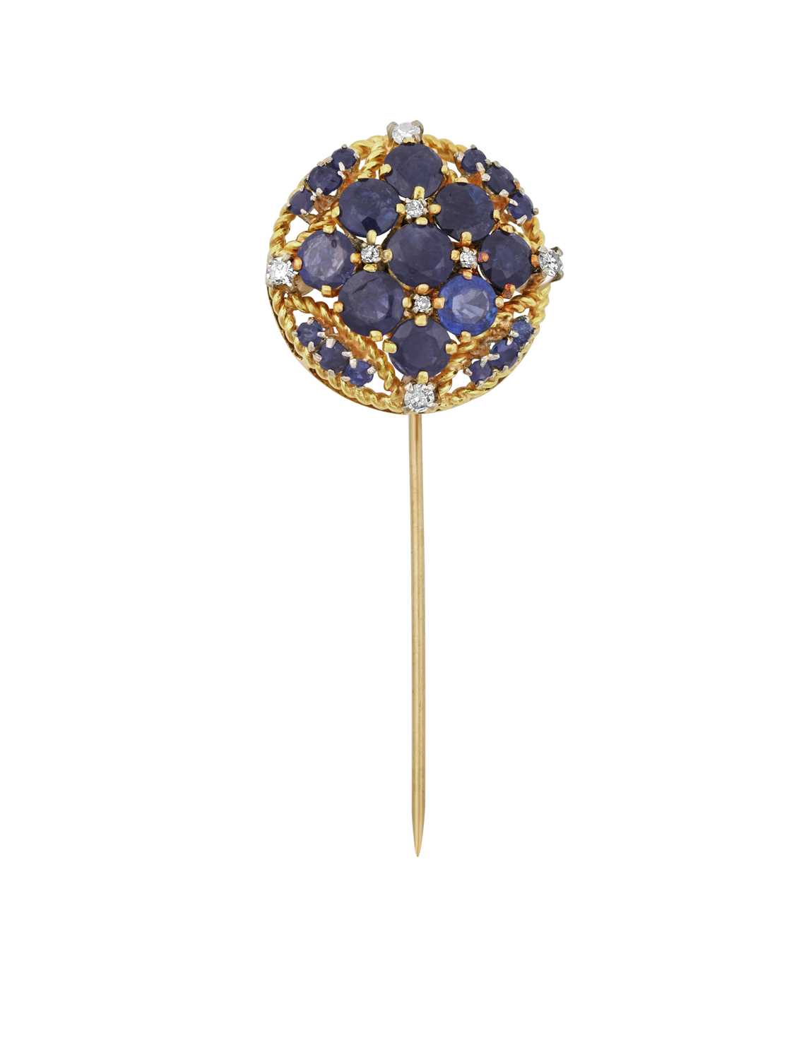 Lot 2122 - A Sapphire and Diamond Stickpin the central...