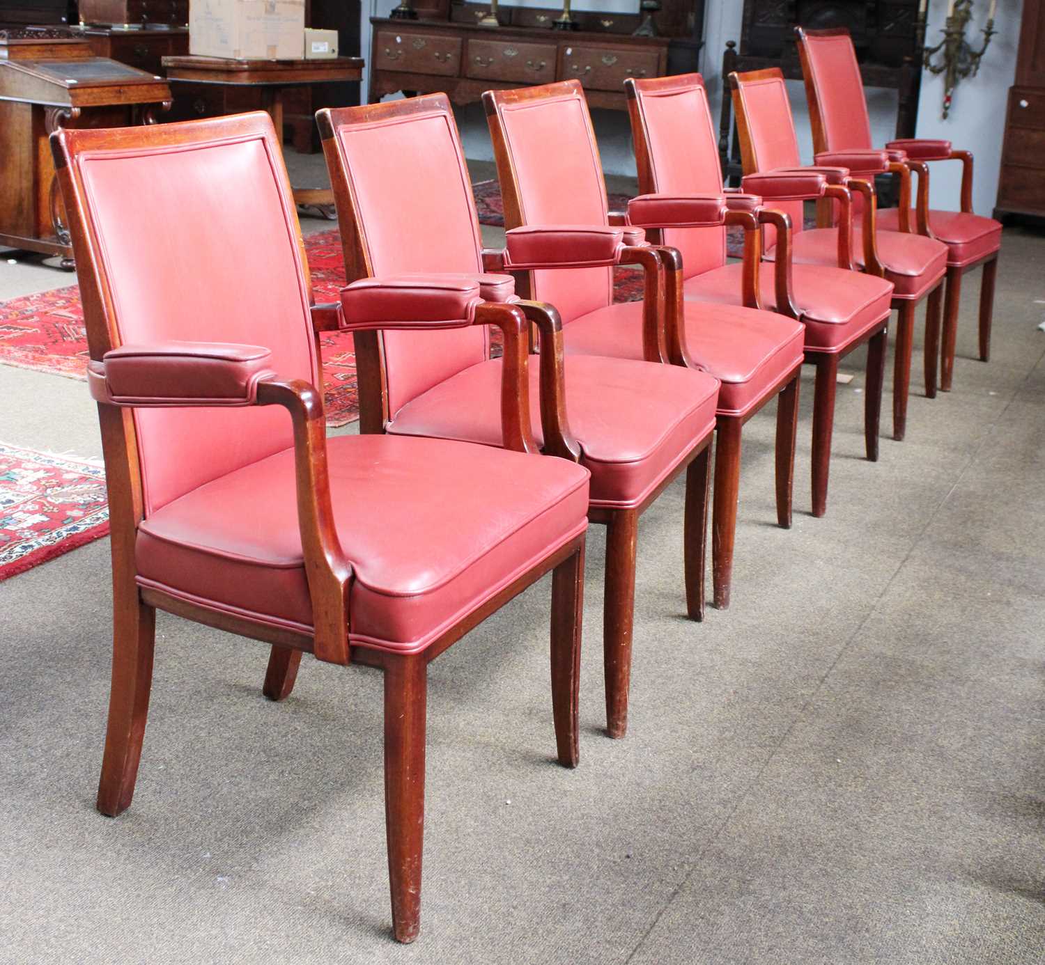 Lot 1186 - A Set of Six Teak and Leather Board Room...