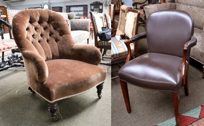 Lot 1199 - A Victorian Tub Armchair, with velvet buttoned...