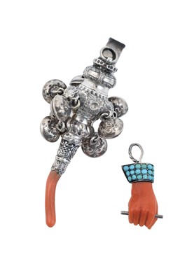 Lot 2234 - A Victorian Silver and Coral Childs Rattle, Whistle and Teether