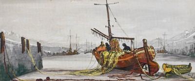 Lot 1066 - Ben Maile (b.1922) Mending the nets on a ship...