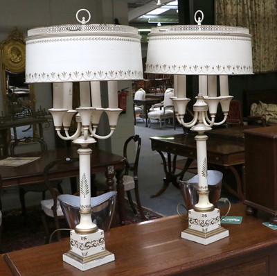 Lot 1166 - A Pair of Cream Toleware Lamps, five branch,...