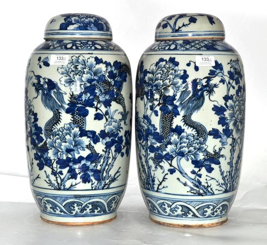Lot 133 - A Pair of Chinese Blue and White Export Porcelain Jars and Covers, circa 1880, the domed covers...