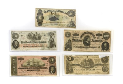 Lot 407 - 5 x Confederate States of America Banknotes,...