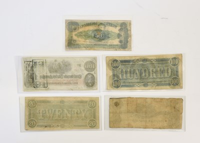 Lot 407 - 5 x Confederate States of America Banknotes,...