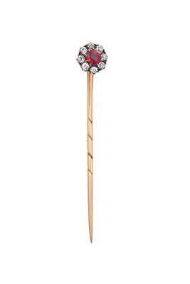 Lot 2173 - A Ruby and Diamond Cluster Stick Pin the...
