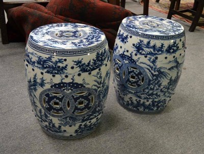 Lot 136 - A Pair of Chinese Porcelain Garden Seats, 20th century, of barrel form, with pierced cash...