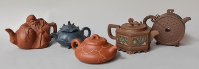 Lot 249 - Five Chinese Yixing Teapots, one hexagonal...