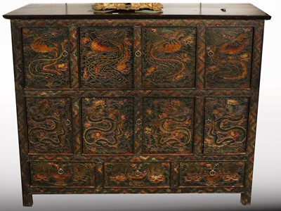 Lot 1121 - A Carved Polychrome Cabinet, with a bank of...