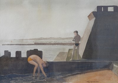 Lot 1077 - A.J. Gooch (1893-1930) Young boys bathing in...