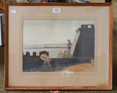 Lot 1077 - A.J. Gooch (1893-1930) Young boys bathing in...